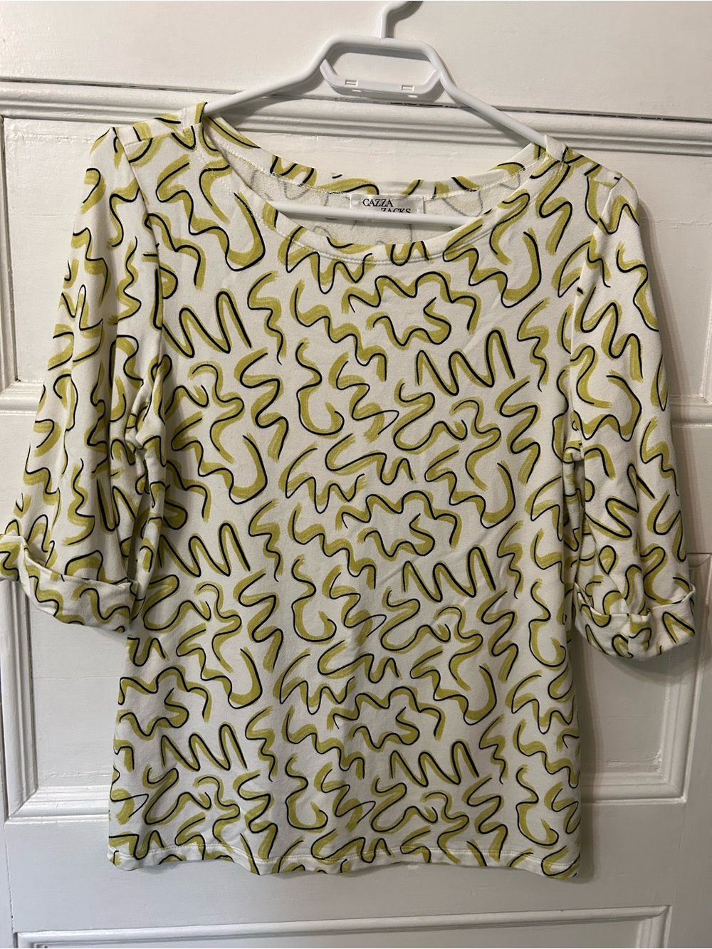 White & Lime Abstract Print Scoop Neck Top